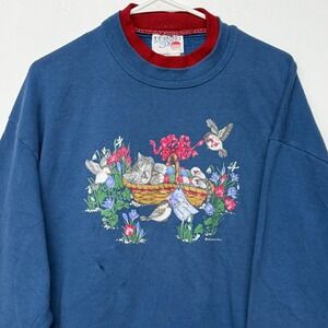 Vintage Blue Crewneck Sweatshirt XL Sweet Kitten Bird Made in USA Grannycore